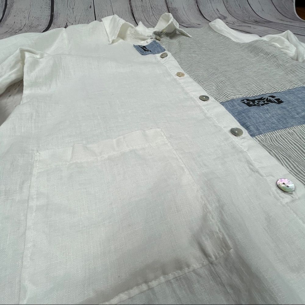 ODILE 100% linen button down white blue contrast shirt top, size S - Picture 5 of 13